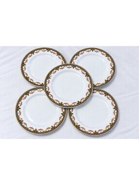 Antique Limoges France 7.5" Dessert Plates Set of 5 Blue Gold Pink Roses